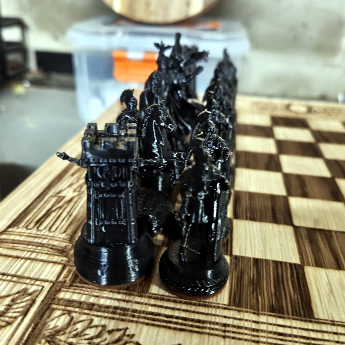Qing Dynasty Chess Set — Engraved Tasmanian Oak