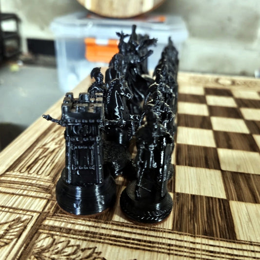 Qing Dynasty Chess Set — Engraved Tasmanian Oak