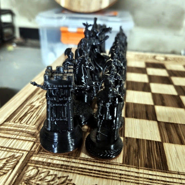 Qing Dynasty Chess Set — Engraved Tasmanian Oak